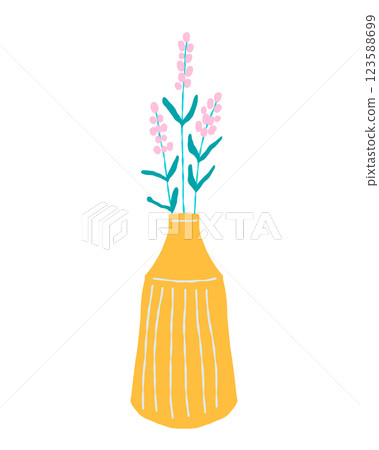 Hand drawn lavender bouquet in yellow vase, vector illustration for home decor and design, greeting card, banner, poster, label. 123588699