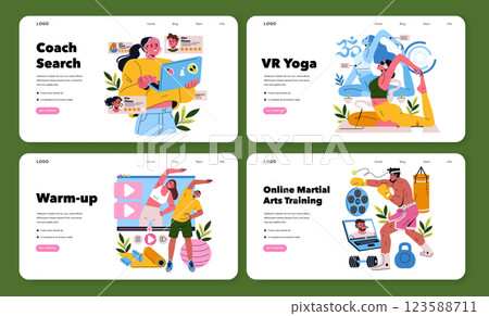 Remote personal training platforms are revolutionizing fitness engagement. With options like VR yoga, martial arts training, and warm-up sessions, clients find personalized workouts anytime. Vector 123588711
