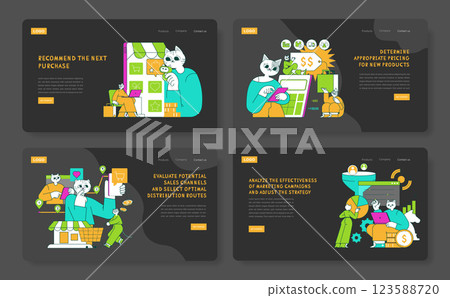 Product marketing cat illustration. Highlights the process of enhancing market strategies, assessing sales channels, and improving customer engagement. A modern approach to product promotion and 123588720