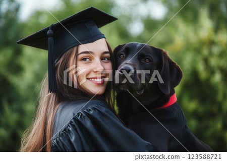 Happy graduate hugging her dog wearing graduation gown outdoors 123588721