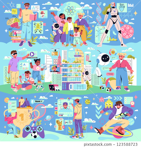 Beta Generation concept. Illustrates the tech-savvy younger generation engaging with technology, education, and social media. Highlights diversity, innovation, and futuristic themes in daily life 123588723