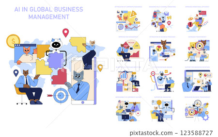 AI in Global Business Management focuses on technology's role in enhancing operational efficiency. It aids in resource optimization, risk management, and data analysis to drive business success AI in Global Business Management focuses on technology's role in enhancing operational efficiency. It aids in resource optimization, risk management, and data analysis to drive business success 123588727