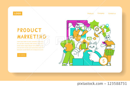 Product marketing illustration featuring engaging cats showcasing various aspects of marketing strategies. The design highlights communication, advertisement, and customer interaction. Vector 123588731