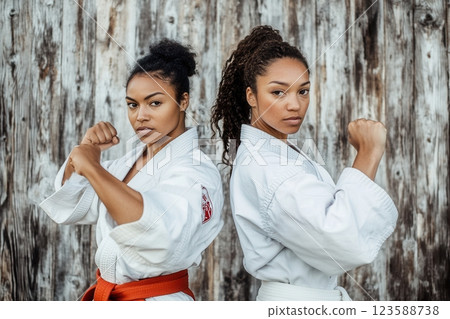 Two female karate athletes posing back to back showing fighting stance 123588738