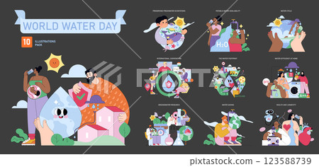 World Water Day illustration set. Celebration of global efforts to secure water resources and promote sustainability. Themes include water conservation, protecting ecosystems, and promoting World Water Day illustration set. Celebration of global efforts to secure water resources and promote sustainability. Themes include water conservation, protecting ecosystems, and promoting 123588739