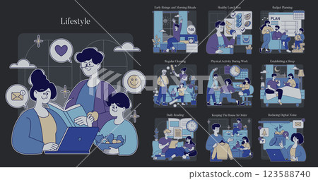 Lifestyle concept. This vector illustration captures various healthy habits that enhance daily living. It showcases morning rituals, meal planning, physical activity, and digital balance. Engaging Lifestyle concept. This vector illustration captures various healthy habits that enhance daily living. It showcases morning rituals, meal planning, physical activity, and digital balance. Engaging 123588740