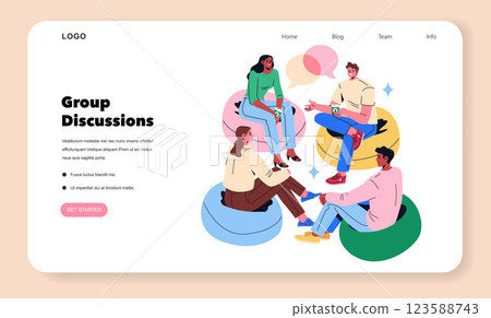 Group discussions in a modern setting foster collaboration and idea-sharing among diverse individuals. Participants engage in meaningful conversations while sitting on comfortable cushions. Vector 123588743