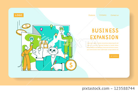 Business Cat concept. A playful representation of a cat engaged in business expansion activities. It illustrates growth strategies, investment opportunities, and creativity in entrepreneurship. Vector 123588744