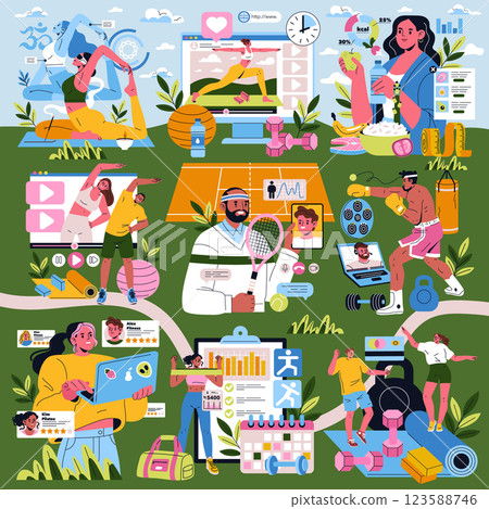 Remote personal training illustration. Online fitness guidance and interactive workouts are depicted. Shows various activities including yoga, weightlifting, and dietary planning to enhance well-being Remote personal training illustration. Online fitness guidance and interactive workouts are depicted. Shows various activities including yoga, weightlifting, and dietary planning to enhance well-being 123588746
