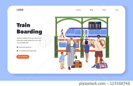 Train Travel concept. Travelers preparing to board a train at a busy station. Different individuals illustrate the excitement and anticipation of a journey. Various luggage styles reflect diversity in Train Travel concept. Travelers preparing to board a train at a busy station. Different individuals illustrate the excitement and anticipation of a journey. Various luggage styles reflect diversity in 123588748