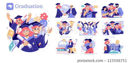 Graduation illustration capturing the essence of a crucial milestone filled with joy and celebrations. From diploma ceremonies to farewell hugs, each scene reflects student achievements and happy Graduation illustration capturing the essence of a crucial milestone filled with joy and celebrations. From diploma ceremonies to farewell hugs, each scene reflects student achievements and happy 123588751