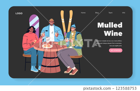 Winter vacation gathering around a table with friends enjoying mulled wine and snacks. Capturing the essence of cozy winter moments filled with laughter and shared warmth. Vector illustration. 123588753