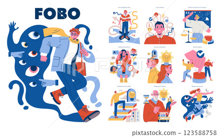 FOBO concept set. Illustration about fear of better options, anxiety caused by multiple decisions and uncertainty in decision-making process situations. Vector illustration. 123588758