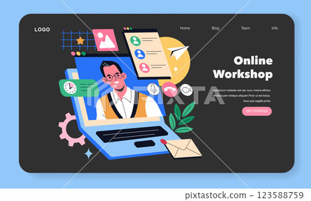 Online workshop illustration featuring a virtual classroom setting. Engaging content with visuals of a teacher and collaborative tools. Effective online learning and interaction methods. Vector Online workshop illustration featuring a virtual classroom setting. Engaging content with visuals of a teacher and collaborative tools. Effective online learning and interaction methods. Vector 123588759