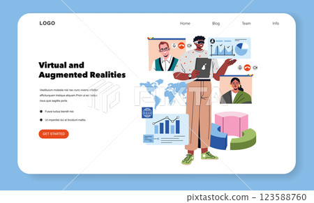 Virtual and augmented realities in a modern office environment. Professionals interact with data and global communication tools. Illustrates innovation in technology and teamwork dynamics. Vector 123588760