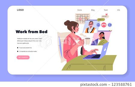 Illustration of a woman comfortably working from bed, engaging in a virtual meeting while enjoying coffee. The scene captures the blend of productivity and relaxation in remote work settings. Vector 123588761
