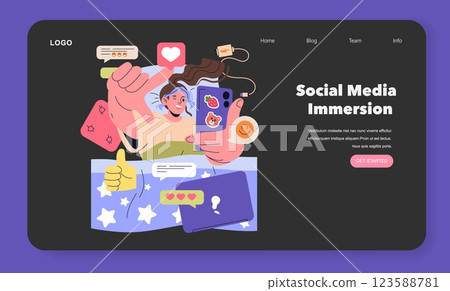 Social media immersion concept. Illustrates the connection between individuals and their digital interactions. Highlights engagement through messaging, reactions, and multimedia sharing. Vector Social media immersion concept. Illustrates the connection between individuals and their digital interactions. Highlights engagement through messaging, reactions, and multimedia sharing. Vector 123588781