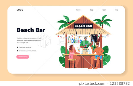 Beach Bar concept. A lively beach bar scene where patrons enjoy refreshments under palm trees. Friends socialize while a bartender serves drinks, creating a festive atmosphere. Vector illustration. Beach Bar concept. A lively beach bar scene where patrons enjoy refreshments under palm trees. Friends socialize while a bartender serves drinks, creating a festive atmosphere. Vector illustration. 123588782