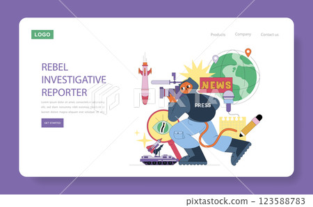 Rebel Investigative Reporter concept. A dynamic representation of a journalist capturing news with bold elements signifying investigation and truth-seeking. Incorporates symbols like a camera, earth Rebel Investigative Reporter concept. A dynamic representation of a journalist capturing news with bold elements signifying investigation and truth-seeking. Incorporates symbols like a camera, earth 123588783