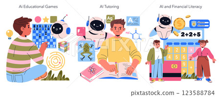 AI Co Parent concept. This illustration represents various AI-driven educational tools like games, tutoring, and financial literacy. It highlights modern learning avenues for children through engaging 123588784