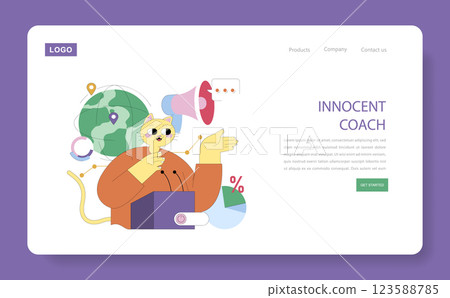 Innocent Coach illustration. A playful feline character engages audiences while showcasing themes of guidance and communication. The fusion of global and analytical elements enriches learning and 123588785