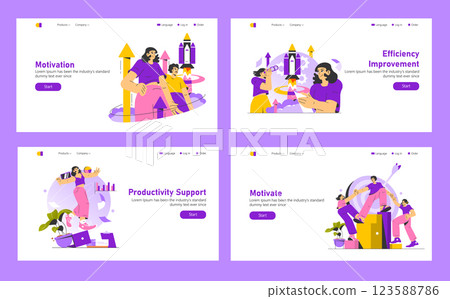 Motivation set. Focus on enhancing motivation, efficiency, and productivity. Engaging illustrations depict support and encouragement in a collaborative environment. Vector illustration. 123588786