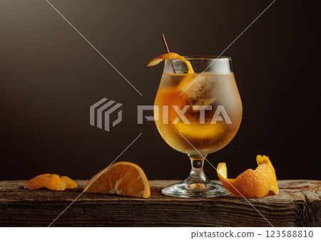 Old Fashioned cocktail with a ice, garnished with an orange peel on a old wooden board. 123588810