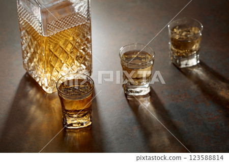 Decanter and small glasses of whiskey. 123588814