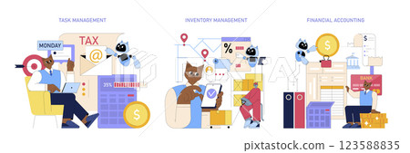 Business processes illustration showcasing task management, inventory management, and financial accounting. It illustrates various roles and tools utilized in modern business operations. Vector 123588835