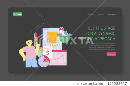 Dynamic pricing approach illustration. The concept of pricing strategies in marketing is highlighted with engaging visual elements representing data analysis, sales trends, and products. Vector 123588837