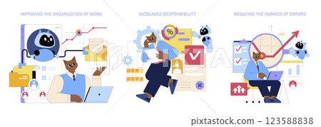 AI assistant enhances work efficiency by improving organization, increasing responsibility, and reducing errors in task management. Boost productivity with smart technology integration. Vector AI assistant enhances work efficiency by improving organization, increasing responsibility, and reducing errors in task management. Boost productivity with smart technology integration. Vector 123588838