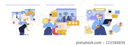 AI in global business focuses on optimizing inter-unit processes, enhancing customer experience, and effective project management. The illustration captures these themes through engaging and relatable 123588839