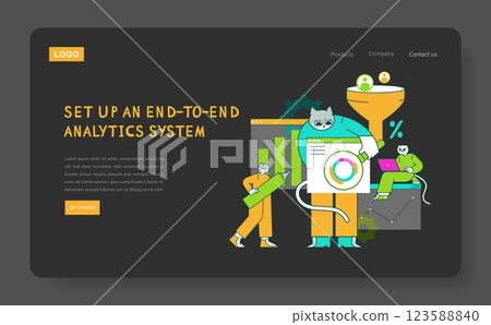 Marketing Tools Cat illustration. This creative design features cats engaging in analytics, showcasing a fun approach to setting up an end-to-end analytics system. Ideal for tech and marketing themes Marketing Tools Cat illustration. This creative design features cats engaging in analytics, showcasing a fun approach to setting up an end-to-end analytics system. Ideal for tech and marketing themes 123588840
