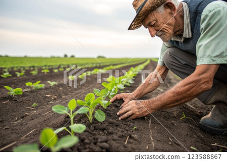 Close-up of Farmer with Soybean Seedlings in Fertile Landscape 123588867