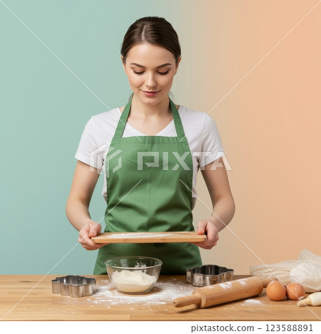 Cozy Kitchen Baking Woman in Green Apron Creating Culinary Art 123588891