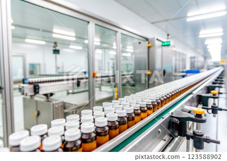 Conveyor Belt System Transporting Medication Vials in Pharmaceutical Factory 123588902