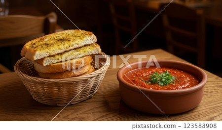 Garlic Bread Delight Cozy Restaurant Food Photography Rustic Setting Close-Up Culinary Experience 123588908