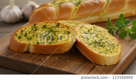 Savoring Garlic Bread Delights Cozy Kitchen Food Photography Rustic Setting Close-Up Culinary Art 123588909