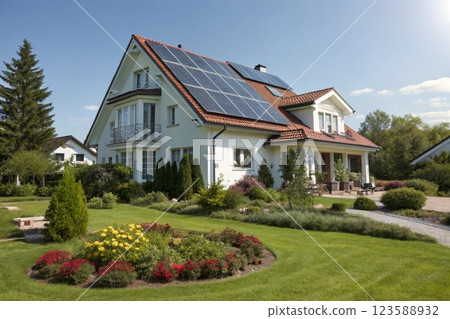 Modern Suburban House Solar Energy System Residential Area Eco-Friendly Daylight Sustainability 123588932