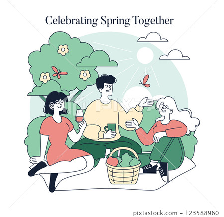 Early spring gathering among friends enjoying a picnic in nature with fresh fruits. The sun is shining, trees are blooming, and laughter fills the air, representing joy and connection. Vector 123588960