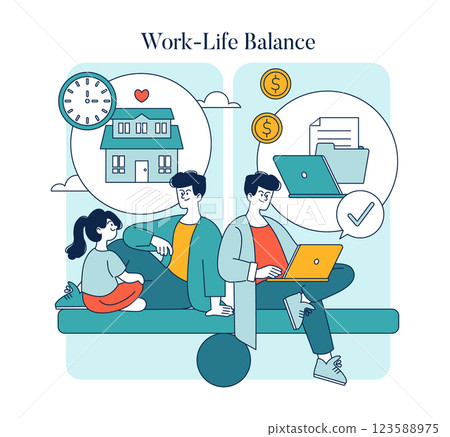 Work-Life Balance concept. Achieving harmony between personal life and professional responsibilities is crucial for well-being. Considerations include time management, family priorities, and 123588975
