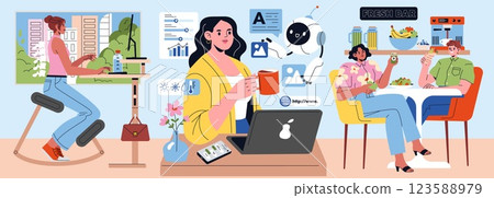 Modern office illustration highlighting a productive environment. Features individuals engaged in work and socializing. Emphasizes remote work, wellness, nutrition, and technology integration 123588979