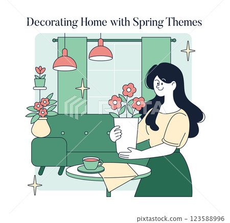 Early spring home decorating concept. A cheerful scene with a person arranging flowers in a pot, surrounded by plants and cozy furniture, capturing the essence of refreshing home aesthetics. Vector Early spring home decorating concept. A cheerful scene with a person arranging flowers in a pot, surrounded by plants and cozy furniture, capturing the essence of refreshing home aesthetics. Vector 123588996