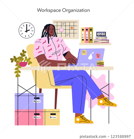 ADHD-friendly workspace organization highlights a user balancing productivity with comfort. Essential tools support focus, with design elements enhancing clarity and structure in daily routines. ADHD-friendly workspace organization highlights a user balancing productivity with comfort. Essential tools support focus, with design elements enhancing clarity and structure in daily routines. 123588997