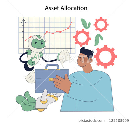 Robot advisor assists in asset allocation, showing a positive trend on a graph. The human user engages with the AI, symbolizing collaboration in financial planning. Vector illustration. 123588999