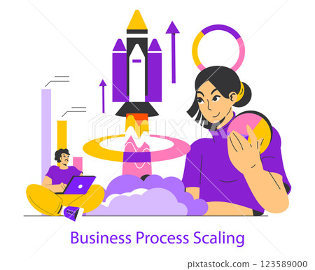 Business process scaling illustration. It highlights the journey of enhancing operational efficiency through strategic growth and innovative solutions. Visualizes technological advancement and Business process scaling illustration. It highlights the journey of enhancing operational efficiency through strategic growth and innovative solutions. Visualizes technological advancement and 123589000