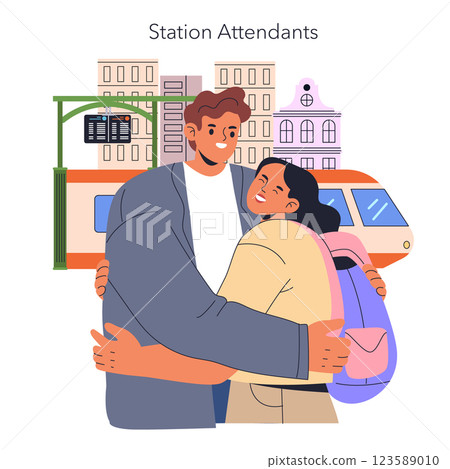 Train travel experience brings people together, fostering connections at stations. The scene captures a joyful reunion between station attendants, highlighting warmth and camaraderie amidst urban life Train travel experience brings people together, fostering connections at stations. The scene captures a joyful reunion between station attendants, highlighting warmth and camaraderie amidst urban life 123589010