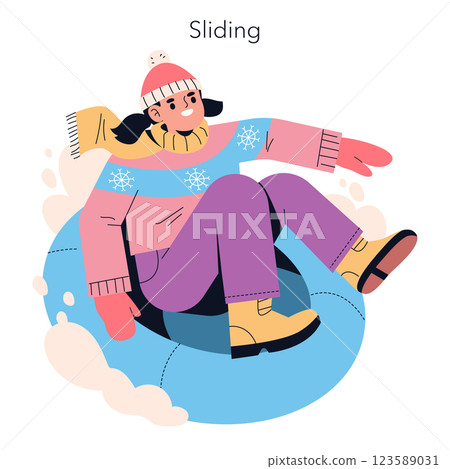 Winter vacation fun depicted with a joyful child sliding down a snowy hill on a tube. Captures the excitement and leisure of winter activities in a playful, cheerful atmosphere. Winter vacation fun depicted with a joyful child sliding down a snowy hill on a tube. Captures the excitement and leisure of winter activities in a playful, cheerful atmosphere. 123589031
