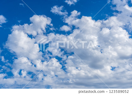 Bright white clouds drift serenely across a vibrant blue sky, evoking feelings of peace and freedom. 123589052