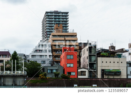 View of clustered buildings in a Tokyo residential district against an overcast sky. 123589057